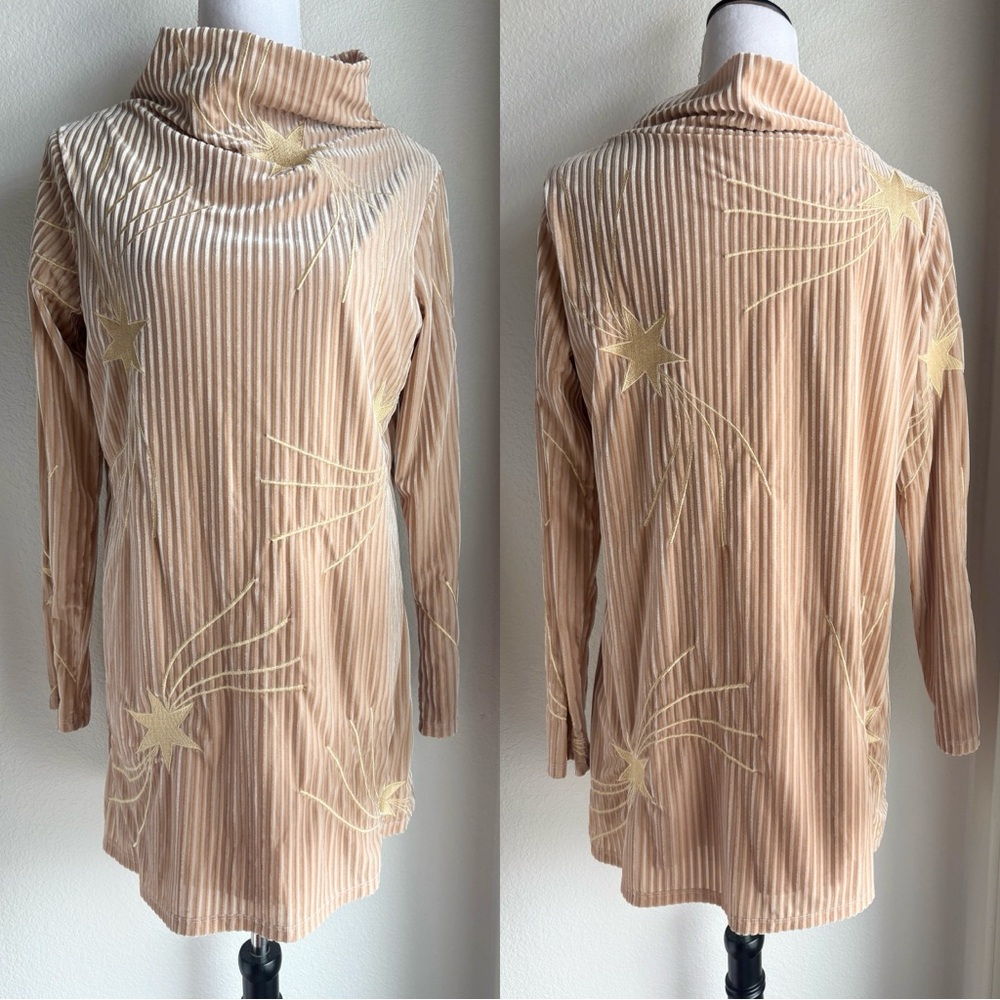 Judith March Tan Velvet Rib Star Embroidered Tunic Dress S